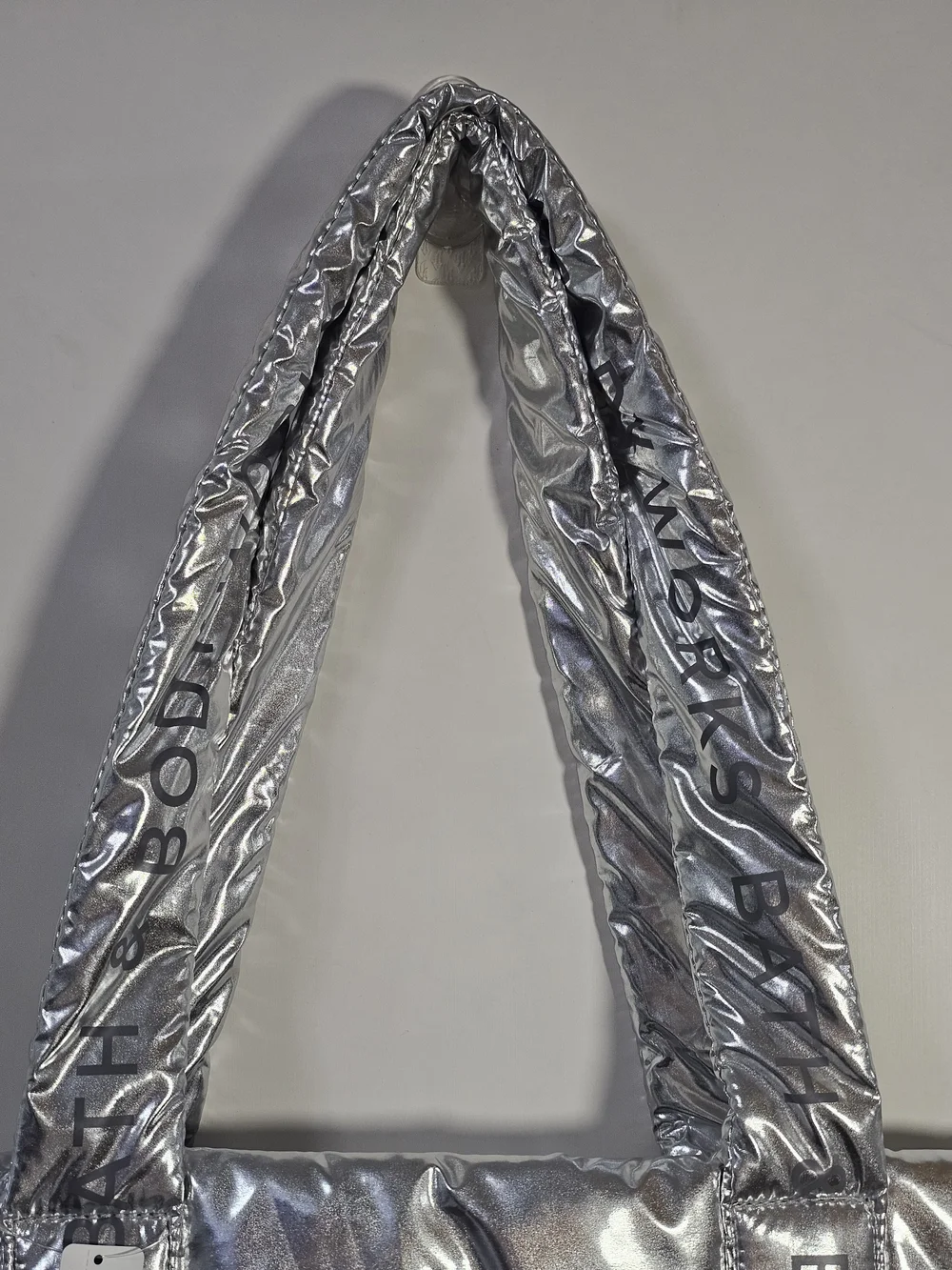NWT Bath & Body Works Silver Metallic Puffer Tote Travel Gym Bag